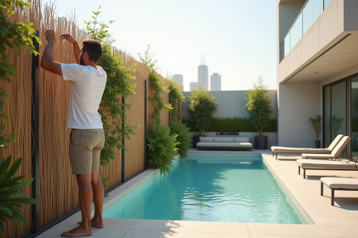 Jeune homme attachant clôture végétale autour de la piscine
