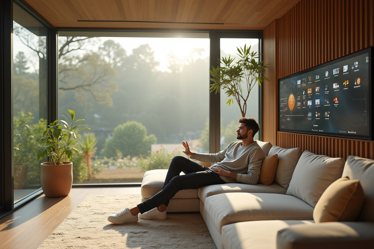 Jeune homme utilisant une interface digitale dans un salon moderne