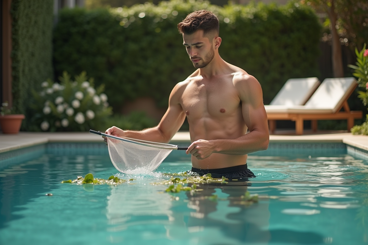 Jeune homme ramassant des feuilles à la piscine avec un filet