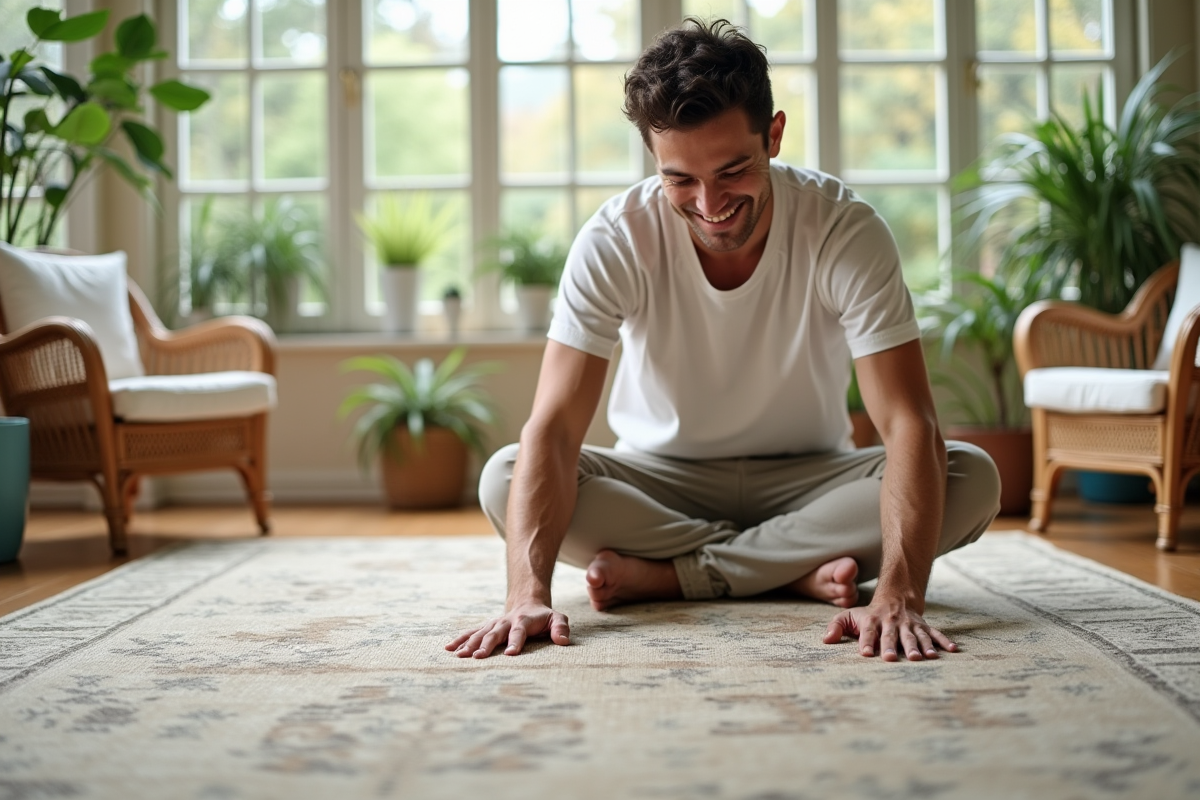 Jeune homme souriant nettoyant un tapis dans la véranda