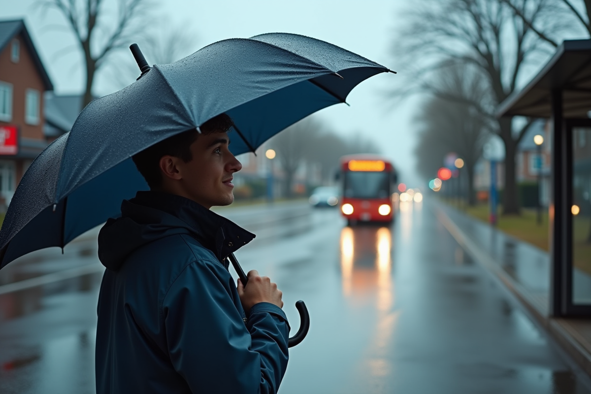 Jeune homme ferme son parapluie inversé à l