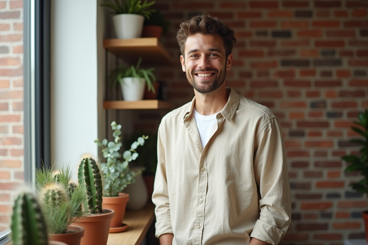 Jeune homme dans un intérieur avec cactus et eucalyptus