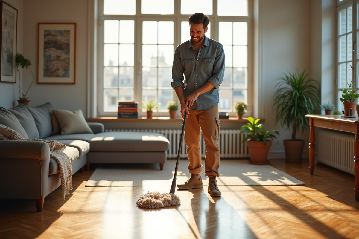 Jeune homme polissant un parquet avec un balai microfibre