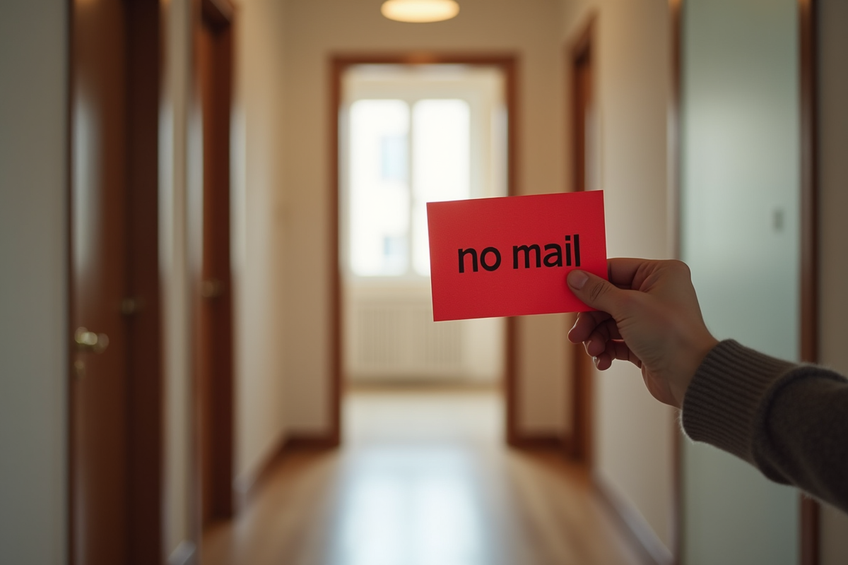 Main tenant un avis de pas de courrier devant une porte d