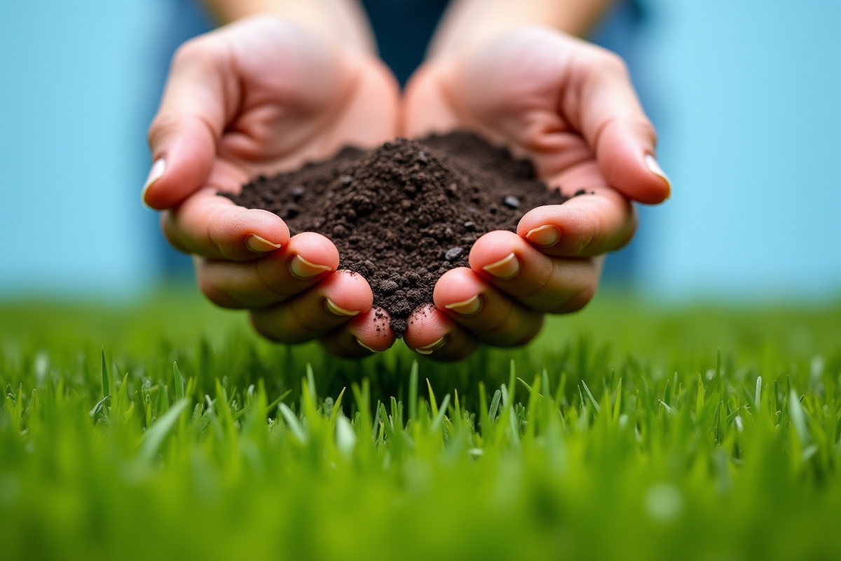 Mains tenant fertilisant organique sur pelouse verte en plein jour