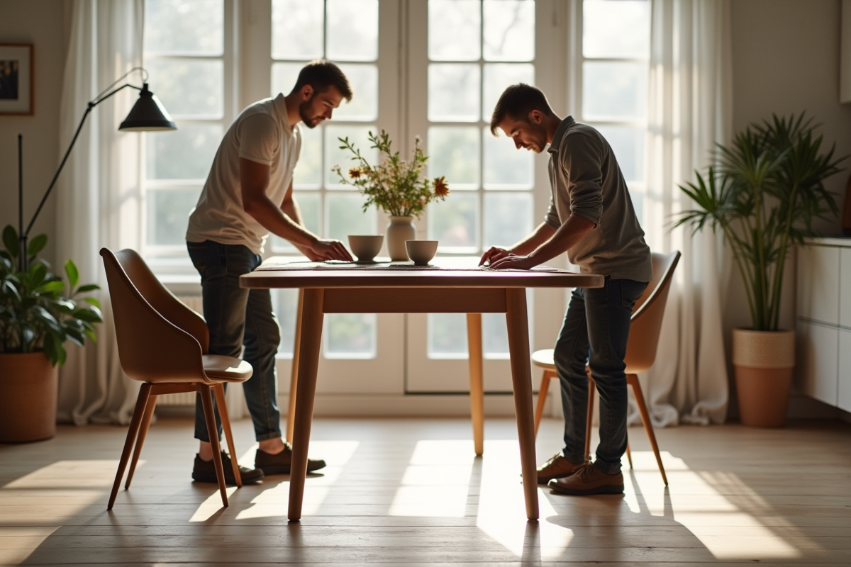 Groupe de personnes mesurant la hauteur d'une table de cuisine scandinave