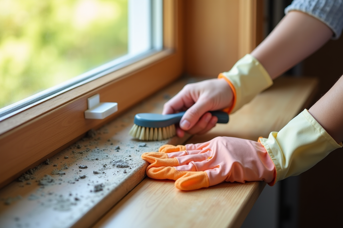 Personne nettoyant la moisissure sur une fenêtre en bois avec une brosse
