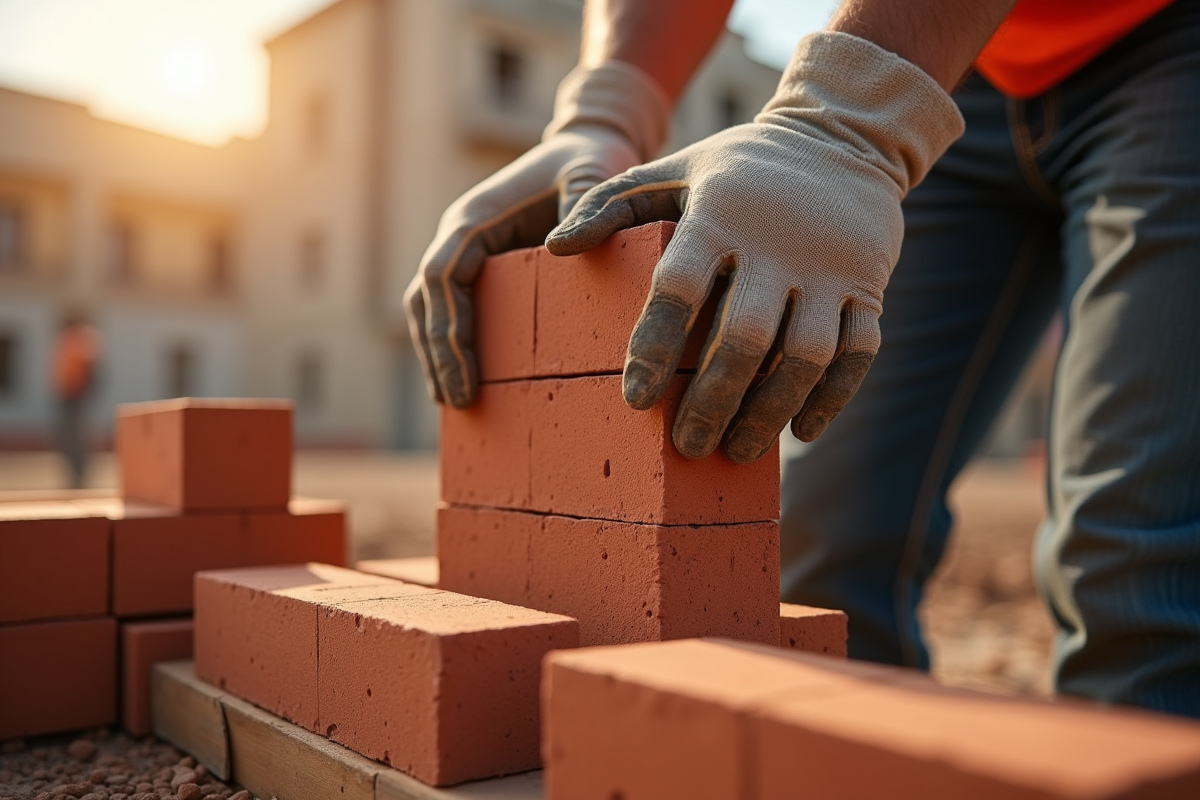 Ouvrier en gants posant des briques rouges sur un chantier