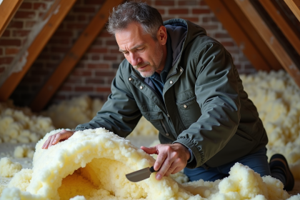 Ouvrier en travail d'isolation dans un grenier r&eacute;nov&eacute;