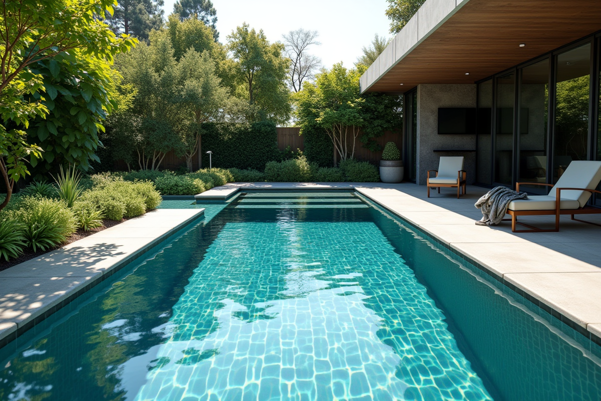 Piscine extérieure en acier et verre dans un jardin ensoleille