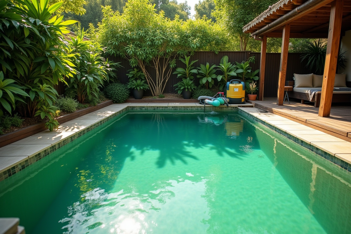 Piscine de jardin avec eau verte avant traitement