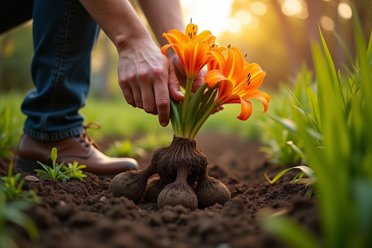 Jardinier plantant des racines de daylily au lever du soleil