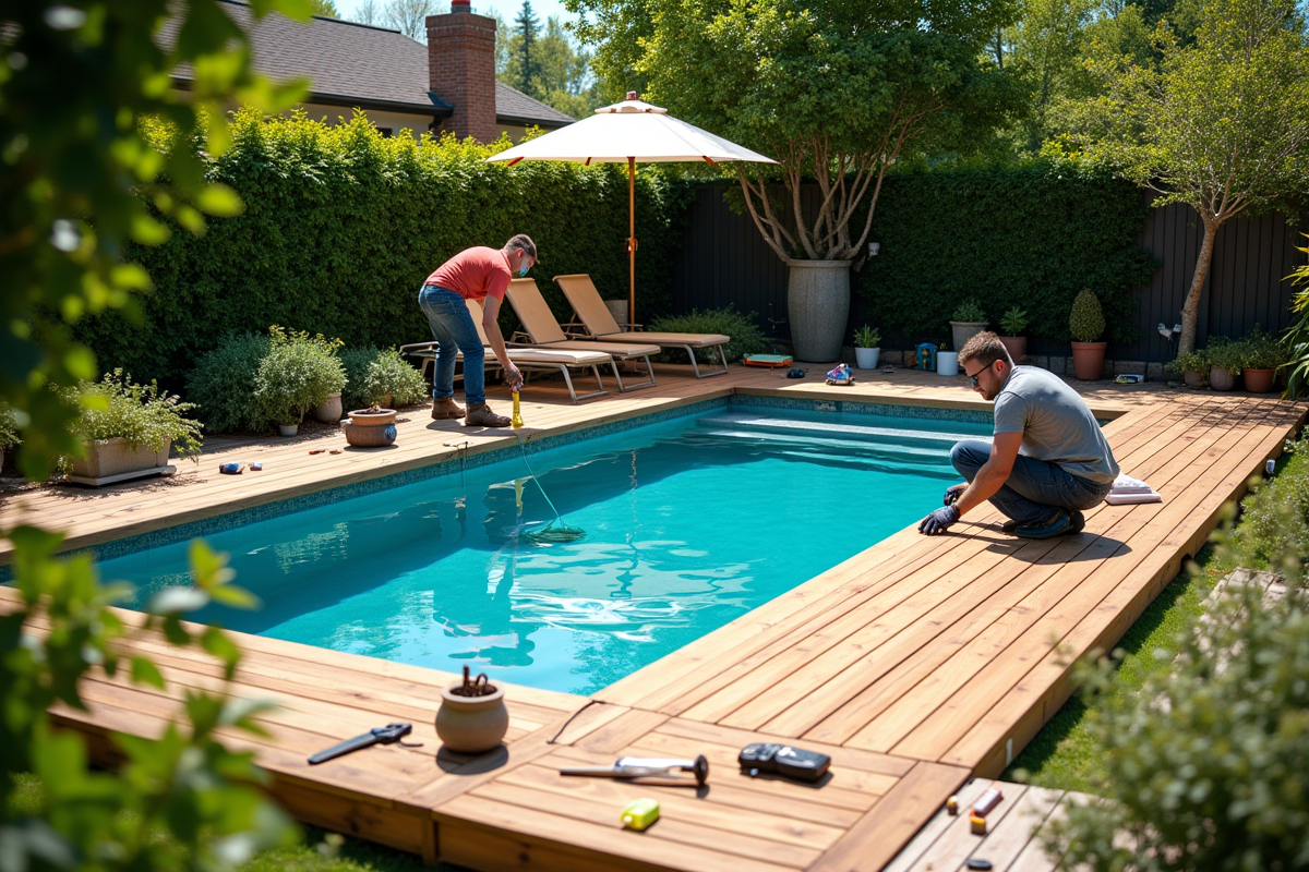 Travailleurs installant une terrasse en bois moderne autour de la piscine