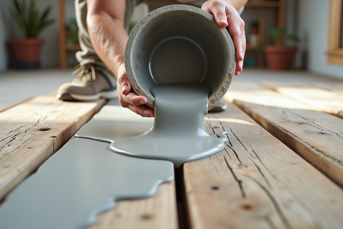 Mains versant du mortier autonivelant sur plancher en bois