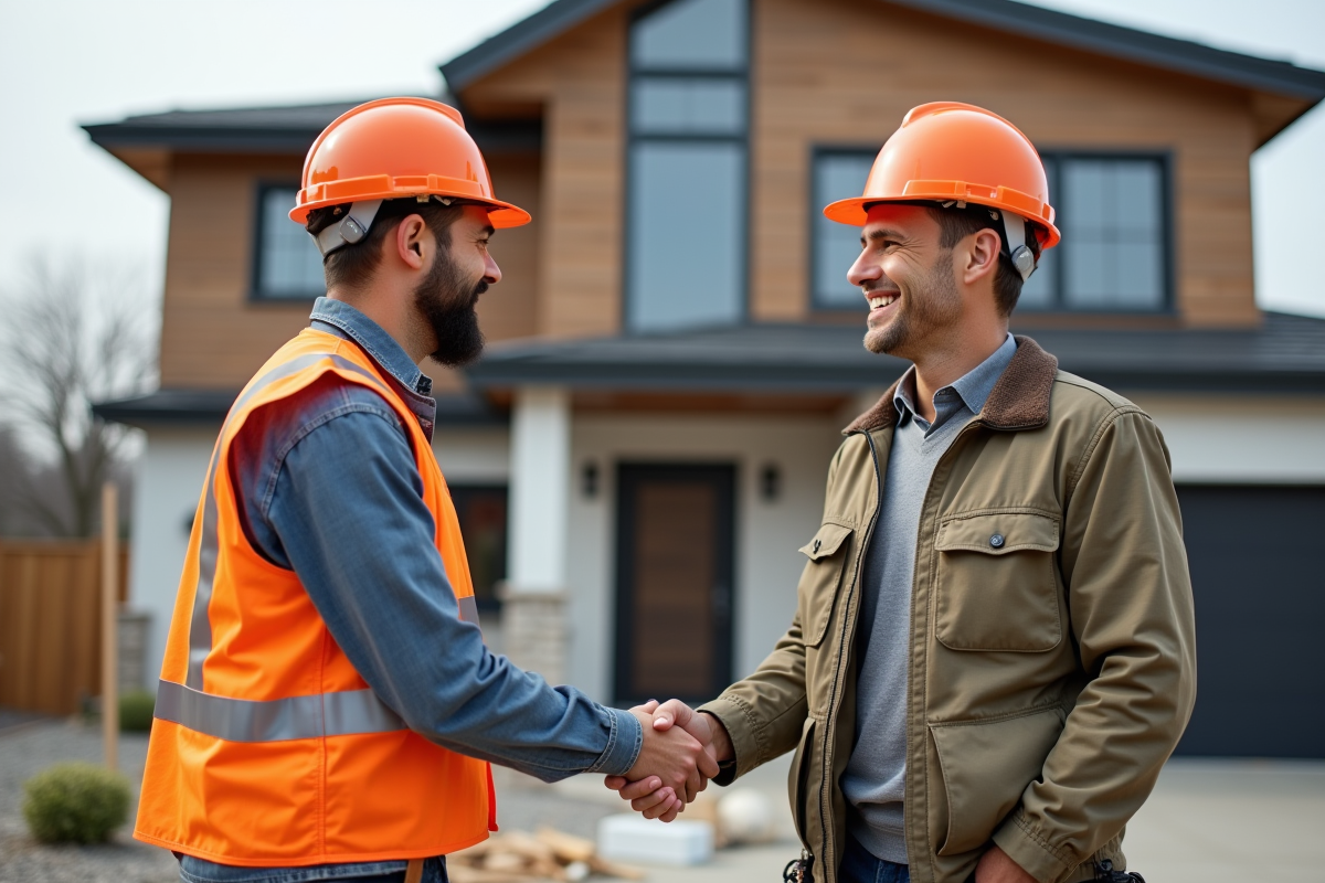 Échange de contrat entre un professionnel et un client devant une maison en rénovation