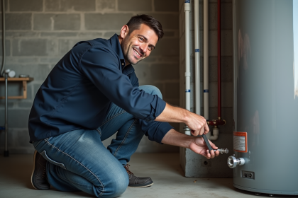 Homme d'âge moyen répare une chaudière dans un sous-sol