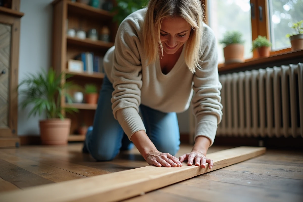 Femme d'âge moyen ponçant un parquet en bois dans un salon chaleureux