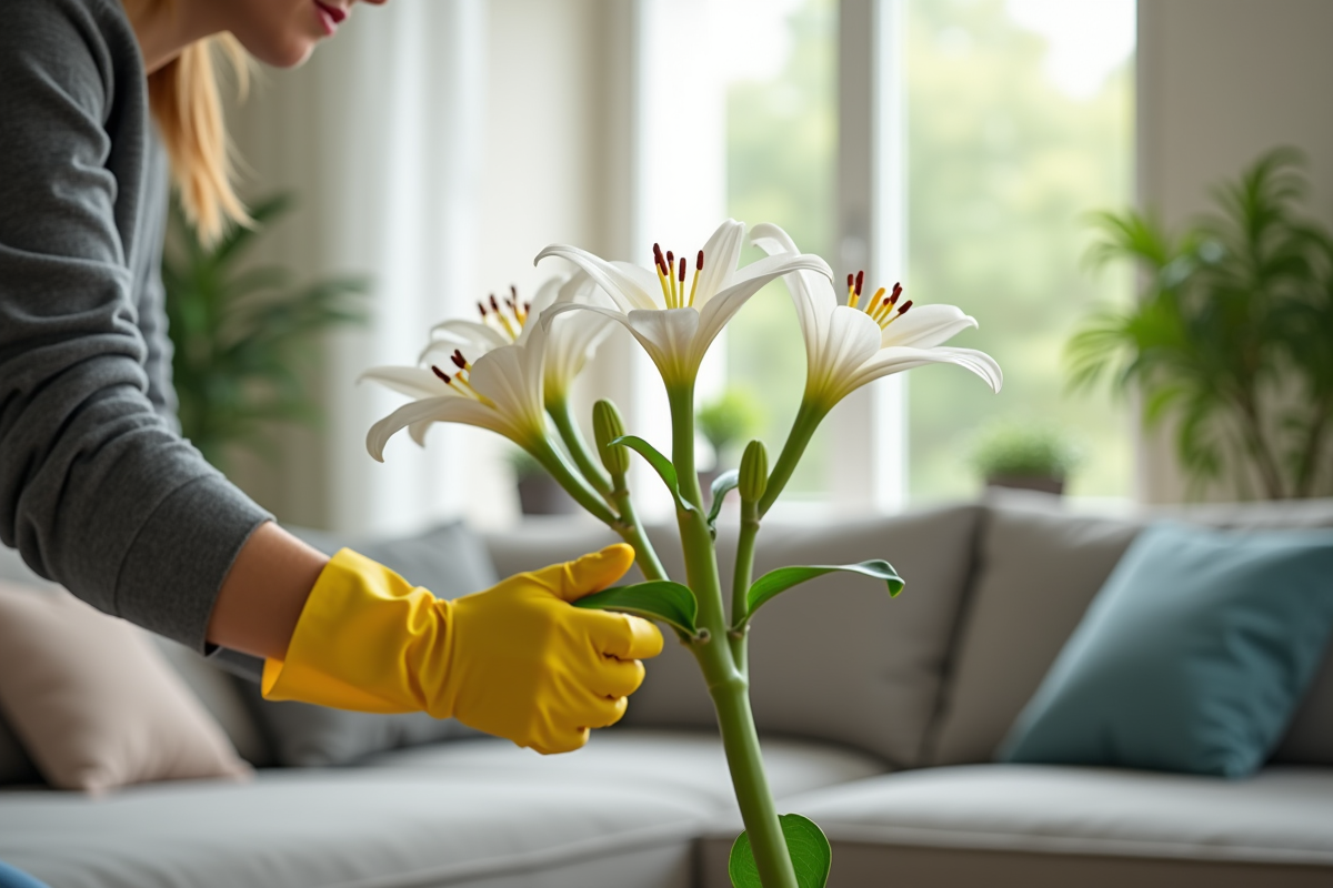 Personne en gants retirant des lys dans un salon moderne