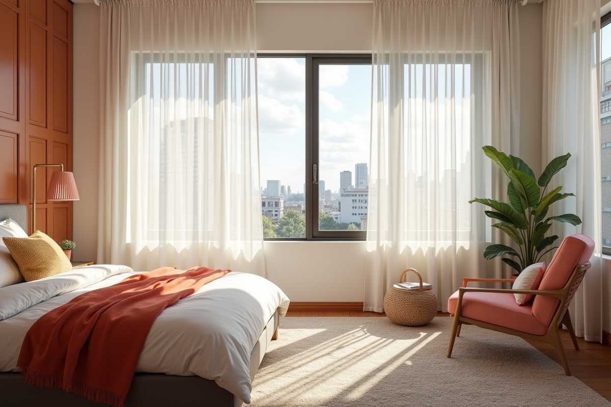 Chambre urbaine séparée par des rideaux blancs lumineux