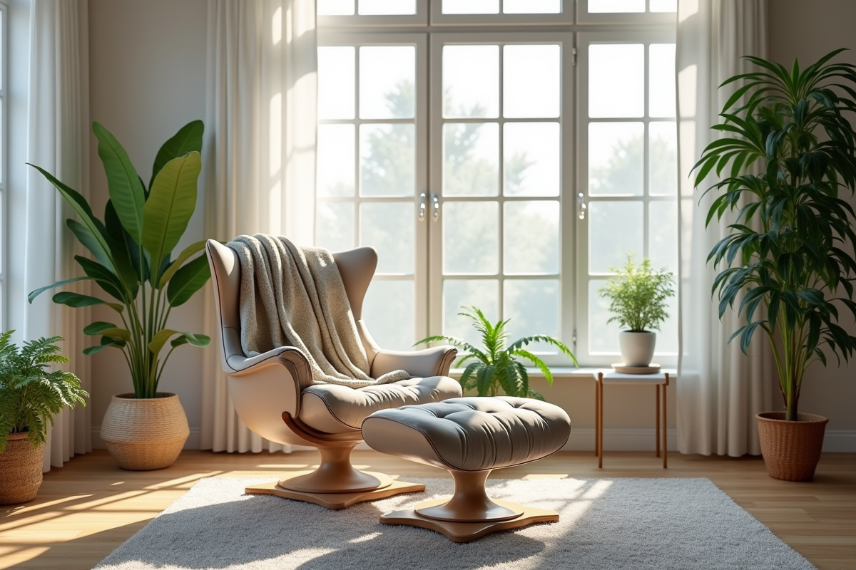 Salon moderne avec fauteuil ergonomique et plantes vertes