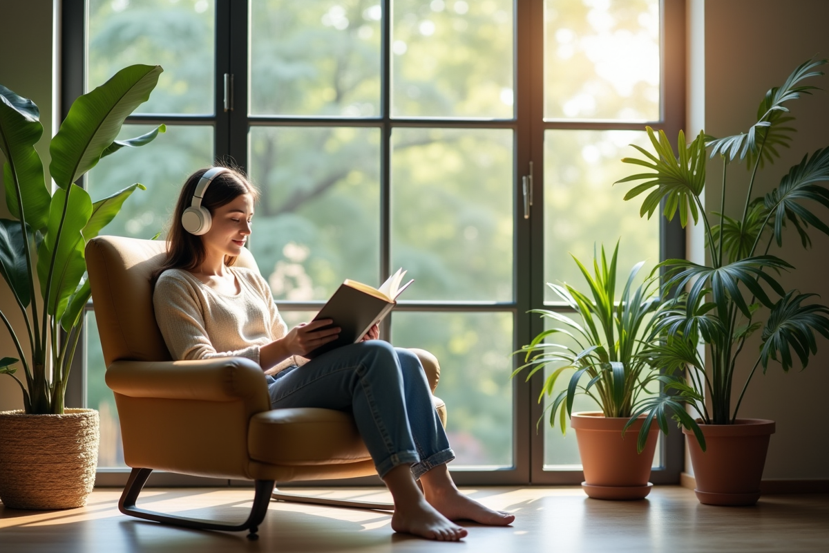 Salon moderne lumineux avec plantes vertes et femme lisant