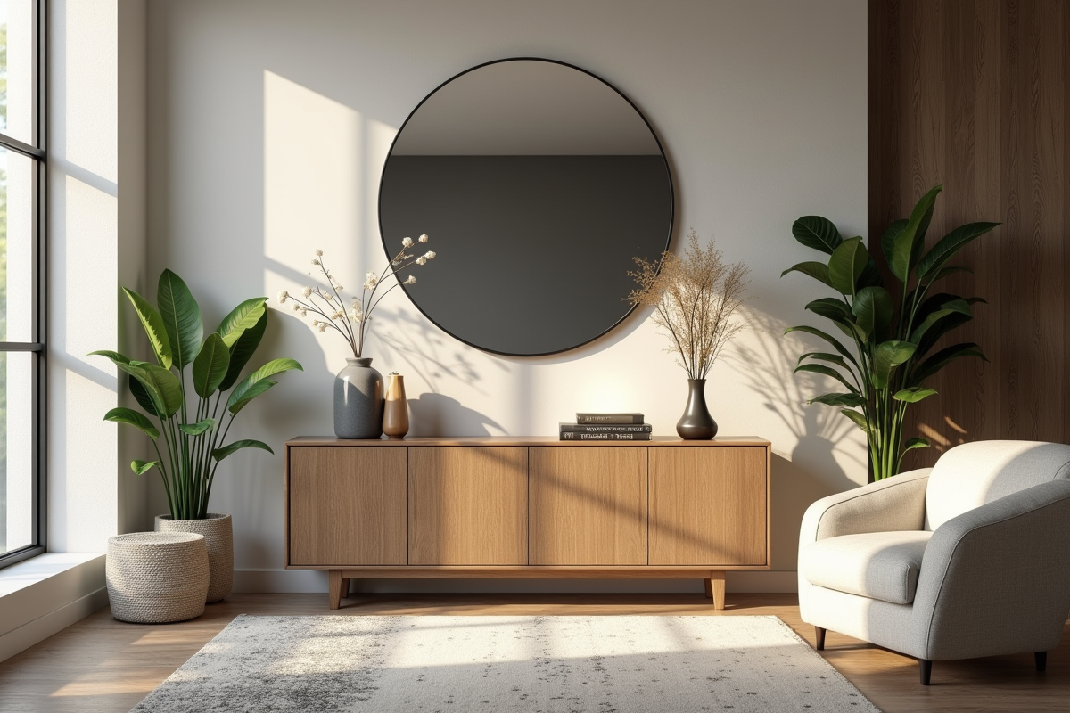 Salon contemporain avec grand miroir rond et mobilier neutre