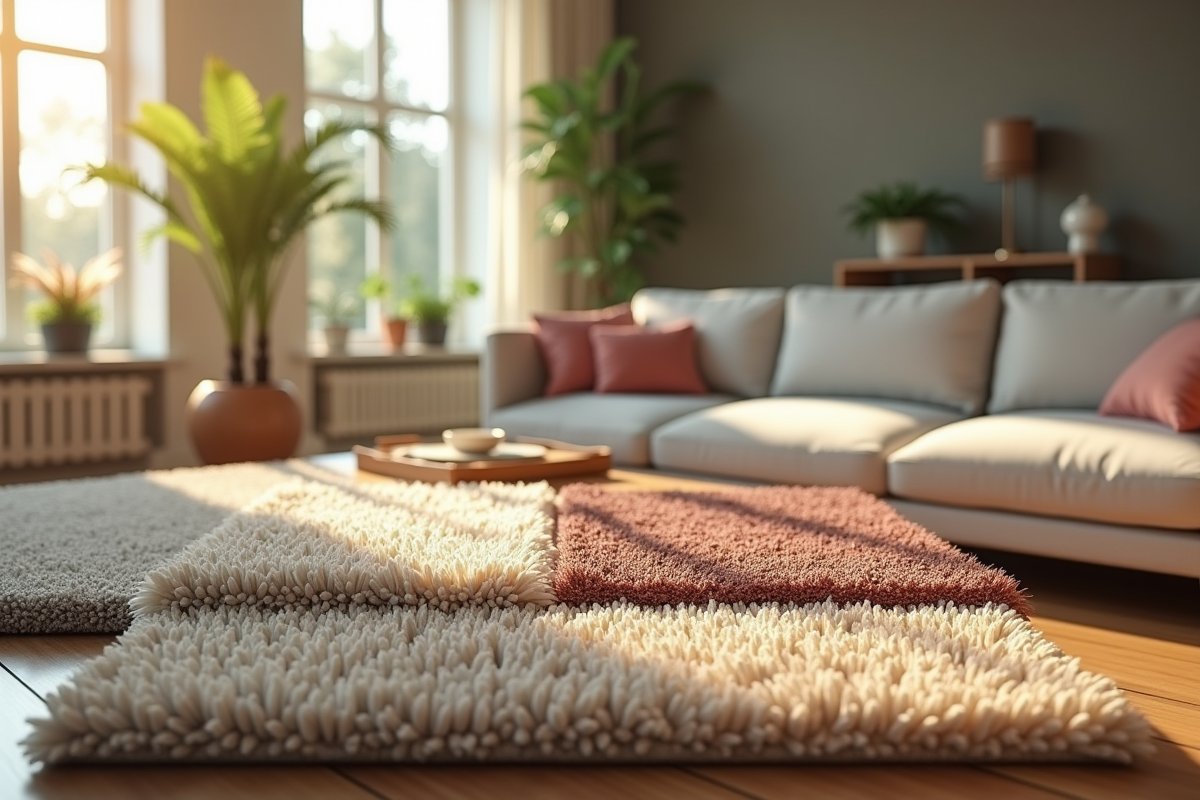 Salon moderne avec tapis variés et ambiance chaleureuse