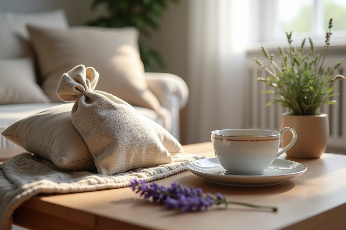 Salon cosy avec sachet de lavande et tasse de tisane