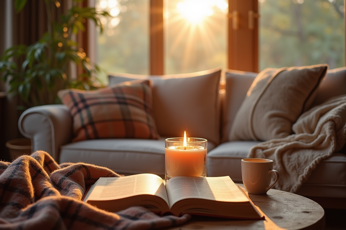 Salon chaleureux avec bougie parfumée et livres