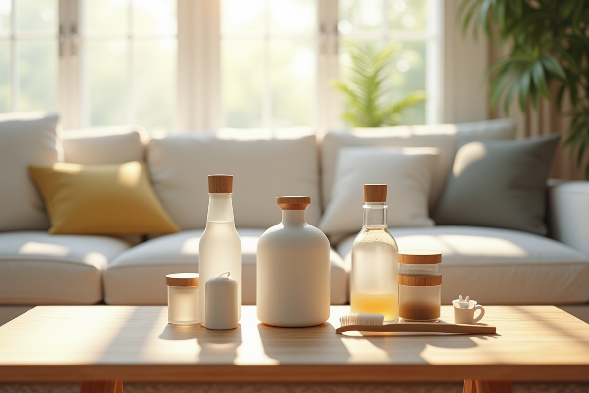 Salon moderne avec produits eco-responsables sur la table