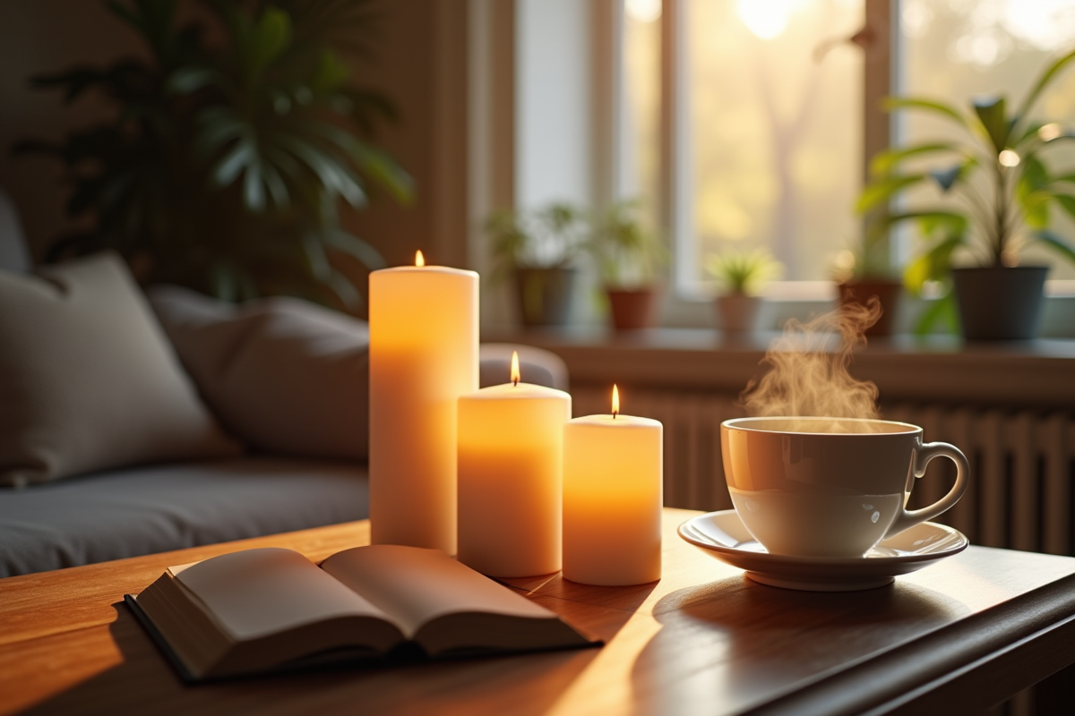 Salon cosy avec bougies et tasse de thé en matinée