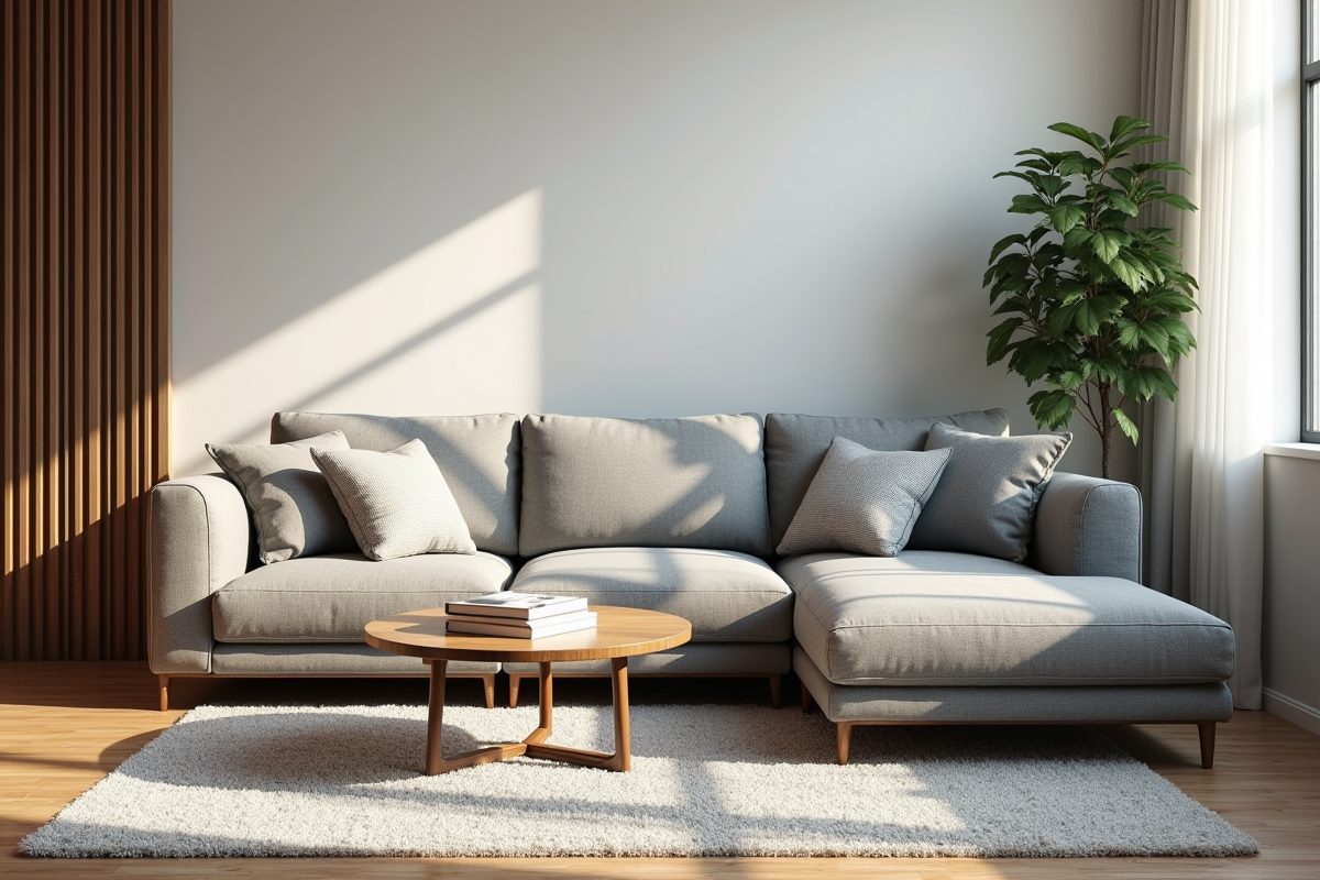 Salon moderne avec canapé gris et ambiance chaleureuse