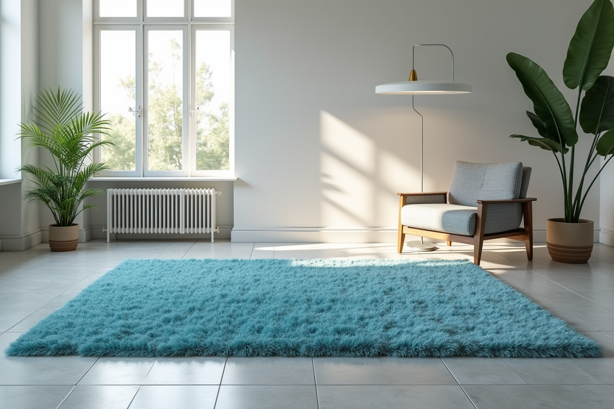 Salon moderne avec tapis bleu clair et plantes vertes