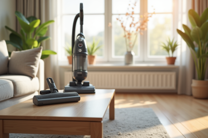 Salon moderne propre avec aspirateur et rouleau à linge
