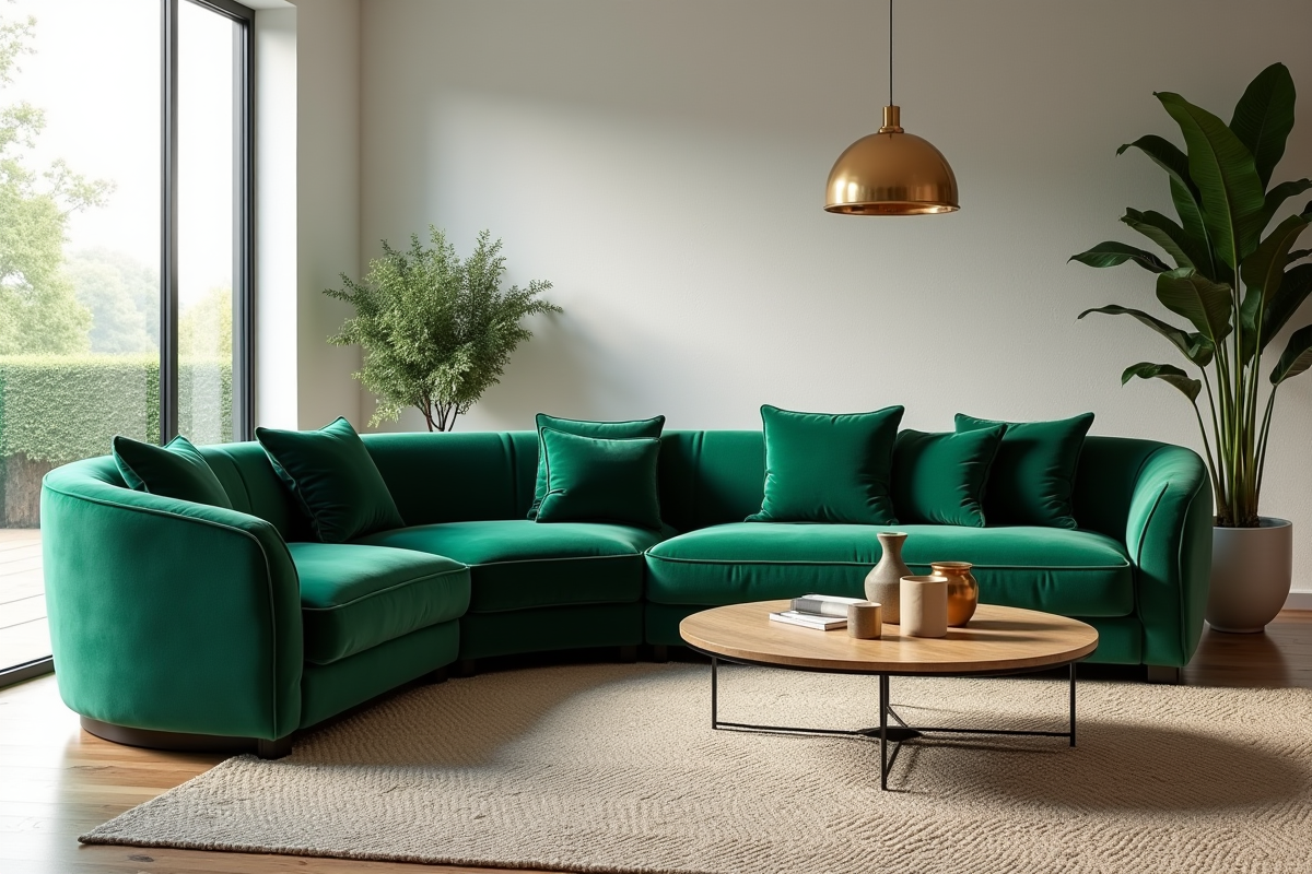 Salon moderne avec canapé en velours vert émeraude
