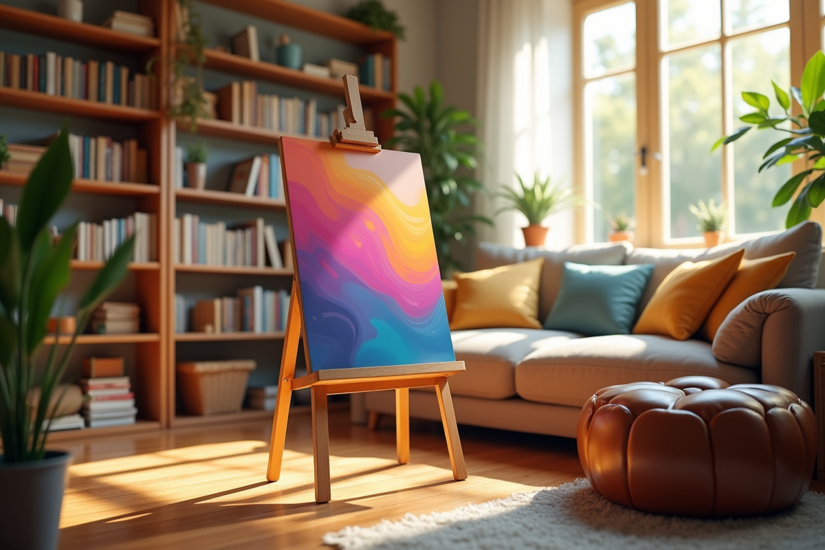 Salon accueillant avec poster coloré sur chevalet lumineux