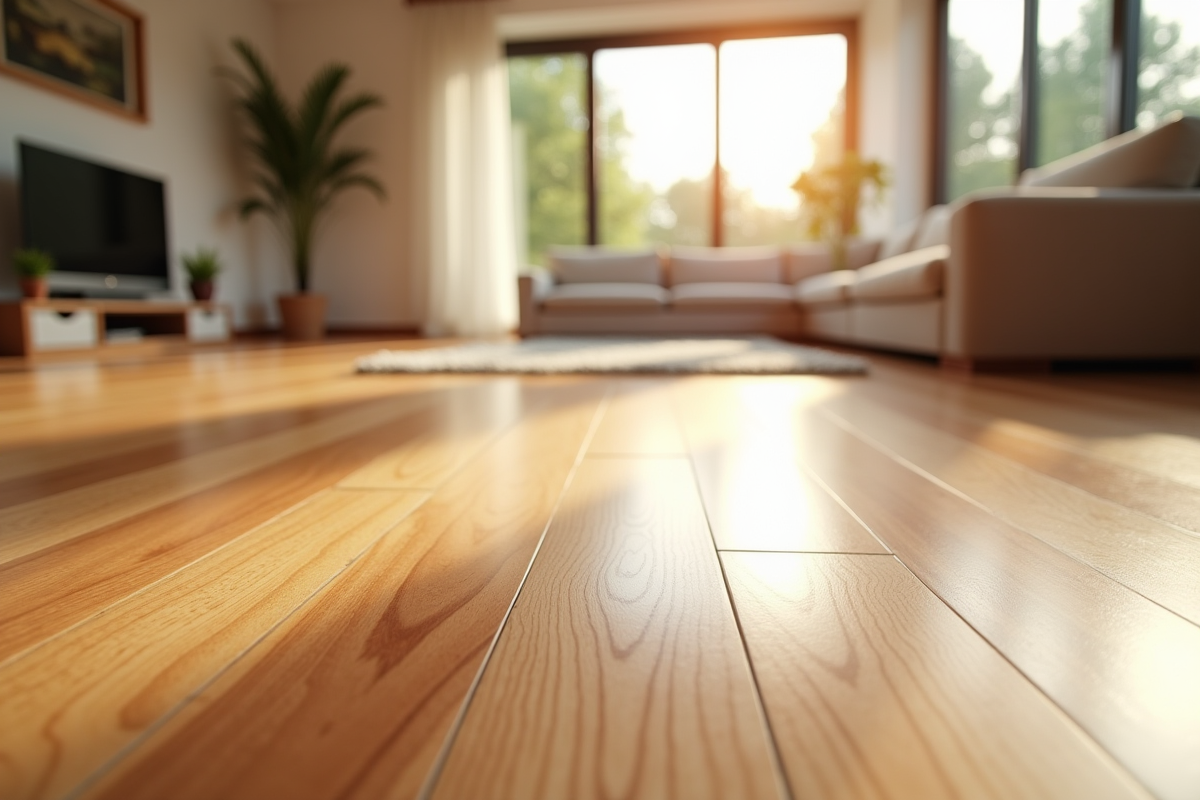 Salon moderne avec parquet en bois brillant et lumineux
