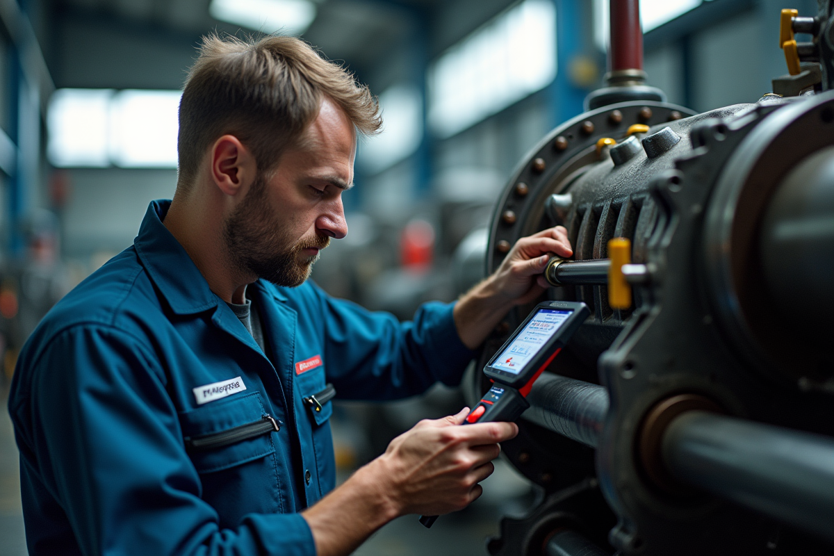 Un mécanicien inspecte un système hydraulique avec outils