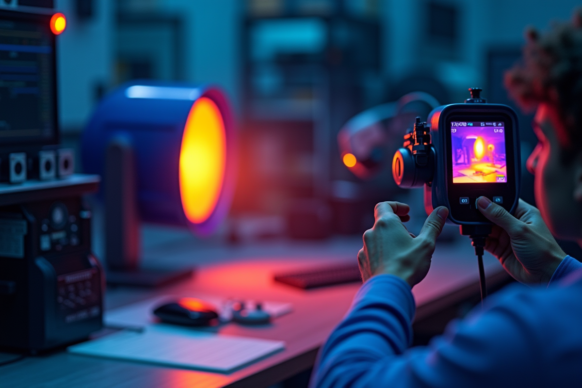 Technicien vérifiant un spot LED avec caméra thermique