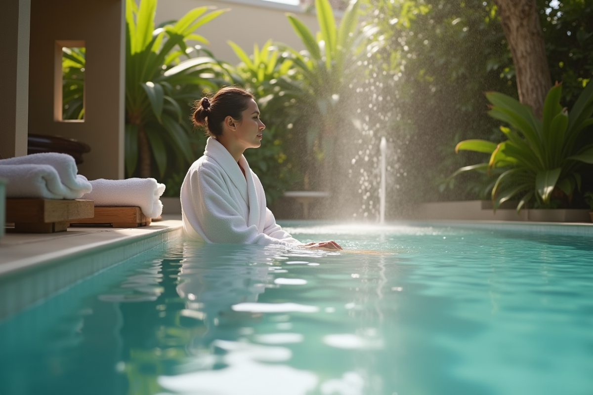 Personne en peignoir blanc testant la qualité de l'eau dans un spa extérieur naturel