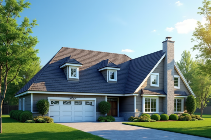 Toit moderne en asphalt sur une maison ensoleillée avec ciel bleu
