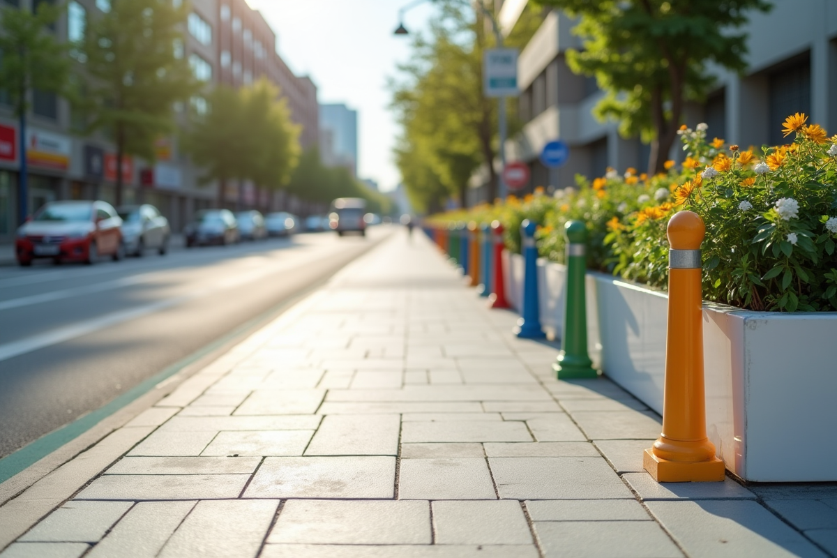 Trottoir urbain moderne avec bollards et jardinières colorées