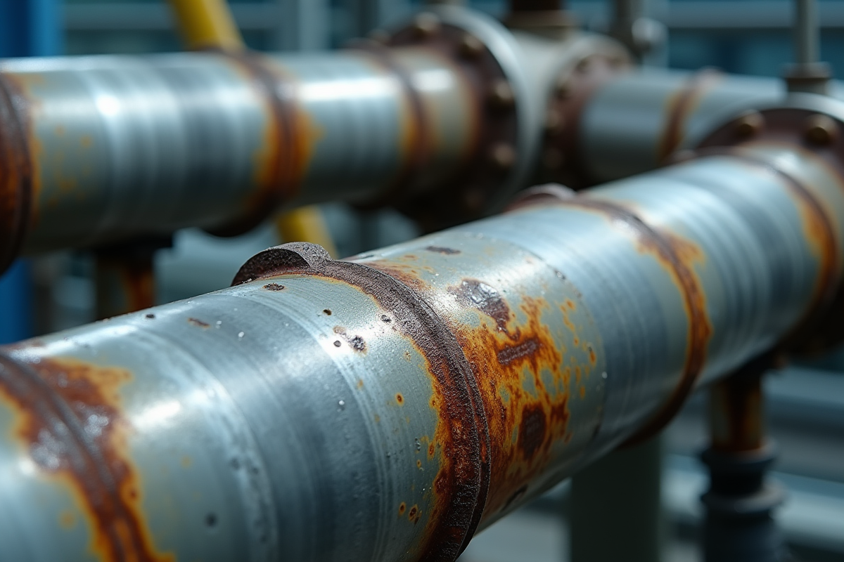 Détail de tuyaux en inox corrodés par le chlore dans un environnement industriel