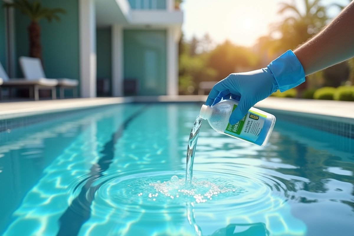 Main gantée versant des produits chimiques dans une piscine extérieure