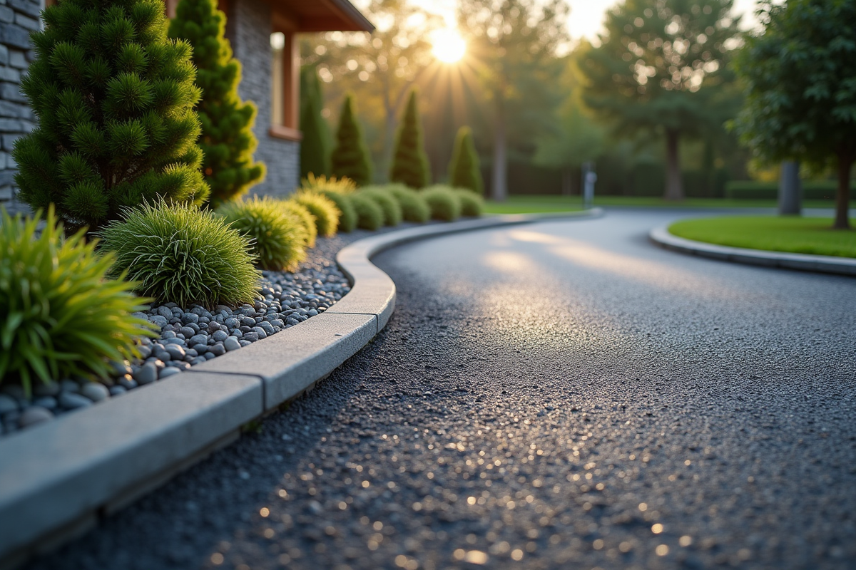 Allée contemporaine avec asphalte foncé et bordure en gravier