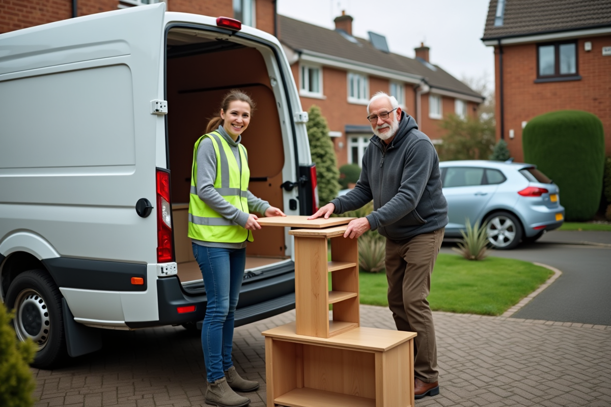 Volontaires Emmaus organisant des meubles devant une maison en banlieue